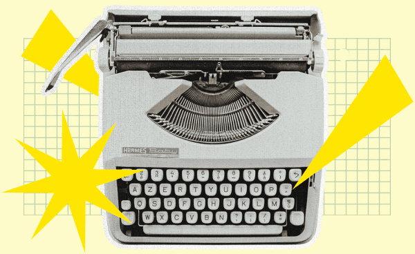 Collage of a typewriter on with shapes and colors surrounding