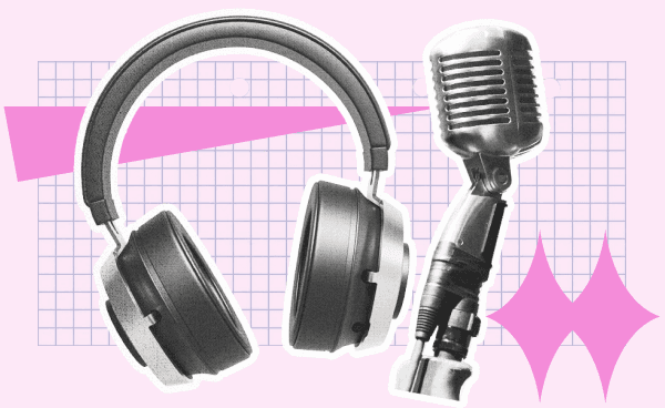 Collage with headphones and a microphone with shapes and colors surrounding